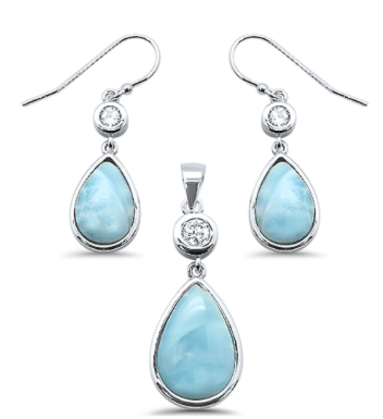 Larimar and cubic zirconia teardrop necklace and earring set in sterling silver on white background — hand assembled by Crabby Mermaid
Inspired by the ocean, this desirable Larimar set features a set of teardrop earrings with Larimar and Cubic Zirconia and a matching necklace on an 18" Sterling Silver chain.
