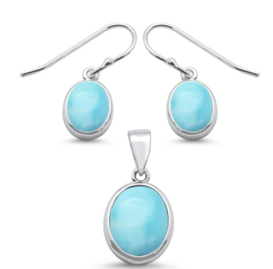 Genuine Larimar oval pendant and earring set in sterling silver on white background ‚Äî hand assembled by Crabby Mermaid