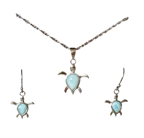 Larimar sea turtle necklace and earring set showing full sterling silver twist chain — natural Larimar gemstone coastal jewelry