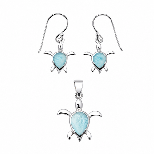 Larimar sea turtle necklace and earring set in .925 sterling silver on white background - genuine Dominican Republic Larimar - Crabby Mermaid