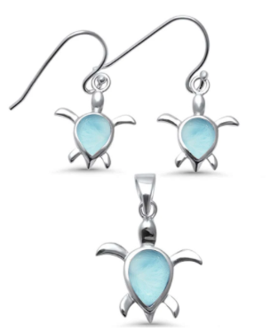 Larimar sea turtle pendant and hook earrings in sterling silver on white background ‚Äî genuine Dominican Republic Larimar ‚Äî Crabby Mermaid