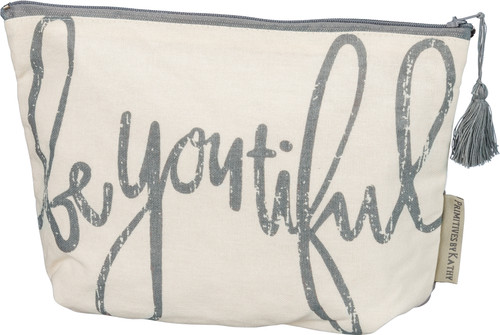 BeYouTiful zipper pouch — distressed hand-lettered sentiment on white and grey cotton canvas with tassel zipper — Crabby Mermaid