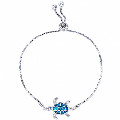 Blue opal sea turtle bolo bracelet in .925 sterling silver on white background — adjustable bolo toggle closure 7 to 9 inches — lab-created blue opal — Crabby Mermaid