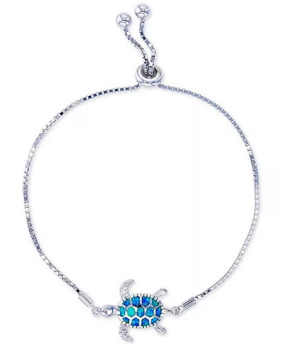 Blue opal sea turtle bolo bracelet in .925 sterling silver with adjustable toggle closure — Crabby Mermaid