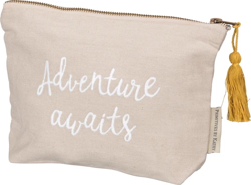 Adventure Awaits embroidered zipper pouch in cotton linen blend — Crabby Mermaid