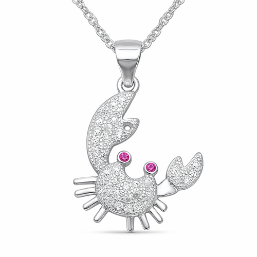 Sterling silver crab pendant necklace with cubic zirconia stones on white background — Crabby Mermaid