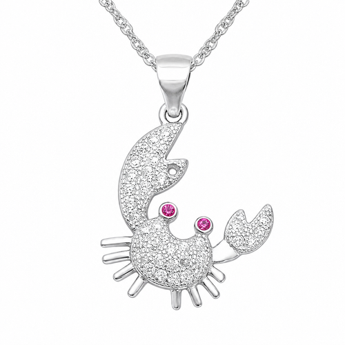 Sterling silver crab pendant necklace with cubic zirconia stone accents on white background - hand assembled by Crabby Mermaid