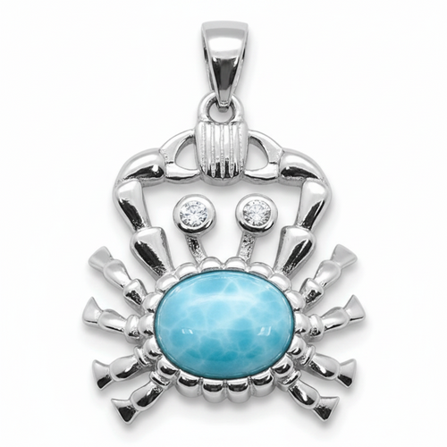 Larimar crab pendant in .925 sterling silver with cubic zirconia eyes on white background — genuine Dominican Republic Larimar — Crabby Mermaid