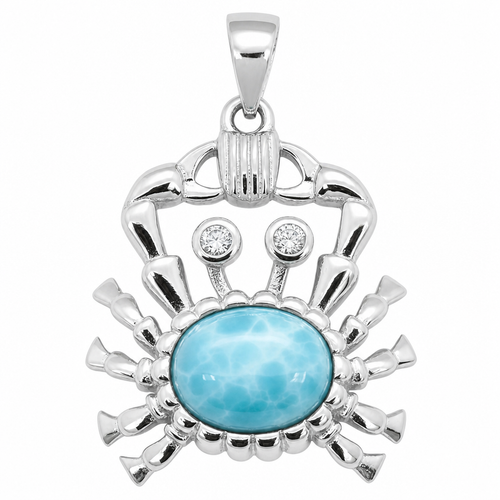 Larimar crab pendant in .925 sterling silver with cubic zirconia eyes on white background — genuine Dominican Republic Larimar — Crabby Mermaid