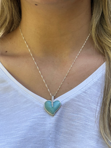 Larimar heart necklace with cubic zirconia worn on model in white top — genuine Dominican Republic Larimar — Crabby Mermaid