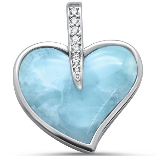 Close-up of genuine Larimar heart pendant with diagonal cubic zirconia bar in sterling silver — white background product photo