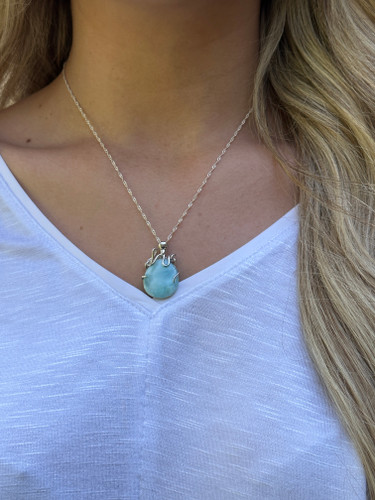 Larimar octopus necklace worn on model showing pendant size and chain length — hand assembled by Crabby Mermaid