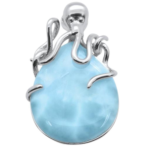Close-up of genuine Larimar oval stone cradled in sterling silver octopus tentacles — white background product photo — Crabby Mermaid