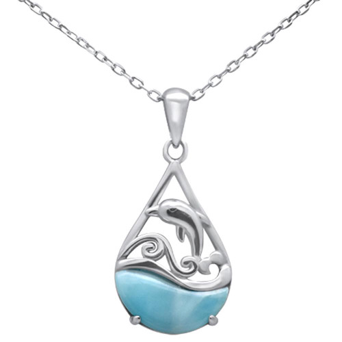 Larimar dolphin teardrop necklace in sterling silver — open frame with dolphin leaping over waves and genuine Larimar base — Crabby Mermaid
Dolphin are smart and playful, just like this beautiful tear drop shaped necklace in Larimar and Sterling Silver. 

Dolphin Pendant Dimensions:1.10" Long