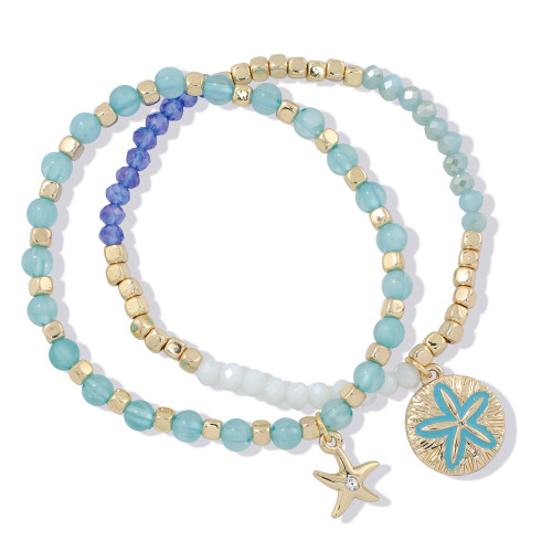 Mint and gold beaded sea life stretch bracelet set with starfish and sand dollar charms — coastal jewelry — Crabby Mermaid