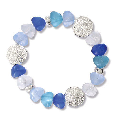 silver sand dollar stretch bracelet with blue frosted glass beads coastal beach jewelry