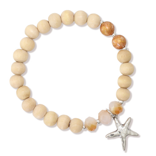 Wood beaded stretch bracelet with starfish charm ‚Äî coastal beach jewelry ‚Äî Crabby Mermaid