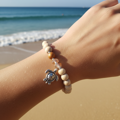 Wood beaded stretch bracelet with sea turtle charm worn on wrist at beach - coastal jewelry - Crabby Mermaid