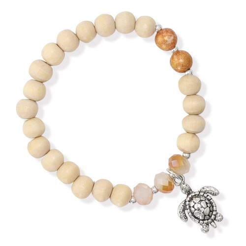 Wood beaded stretch bracelet with silver-toned sea turtle charm on white background - Crabby Mermaid