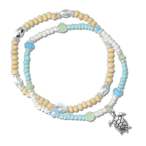 Natural wood and crystal double strand turtle stretch bracelet with aqua and mint beads and silver turtle charm ‚Äî Crabby Mermaid