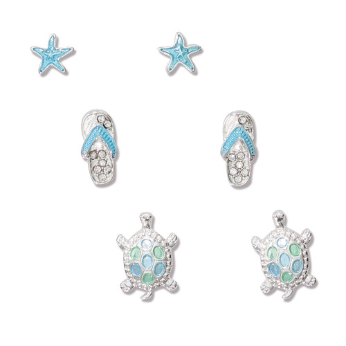 Silver-toned starfish, flip flop, and sea turtle stud earrings with blue enamel and crystal accents on white background — coastal earring set — Crabby Mermaid