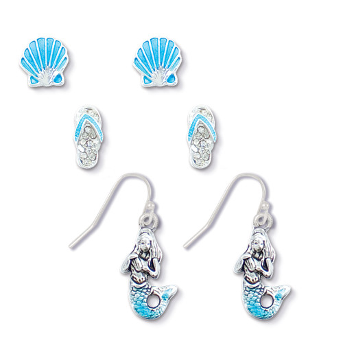Silver-toned shell and flip flop stud earrings with blue enamel and mermaid dangle earrings on white background — coastal earring set — Crabby Mermaid