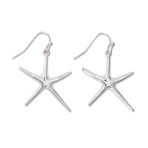 Polished silver starfish dangle earrings with French wire hooks on white background — coastal jewelry — Crabby Mermaid