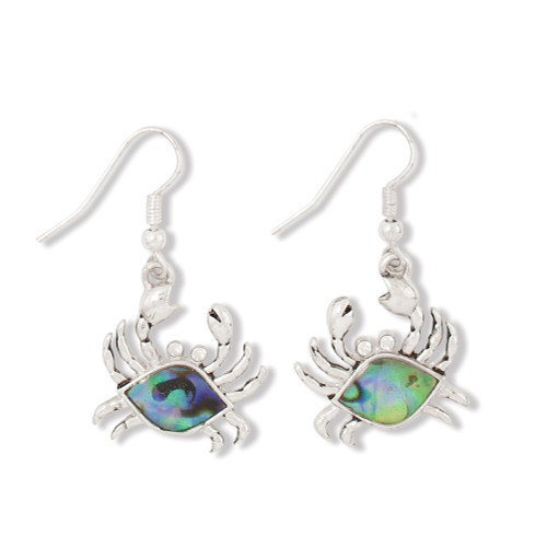 Silver-toned crab dangle earrings with abalone inlay on white background — coastal jewelry — Crabby Mermaid