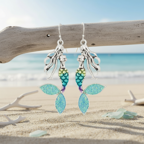 Silver-toned glittering mermaid dangle earrings hanging from driftwood with white coral and sea glass on beach sand — coastal jewelry — Crabby Mermaid