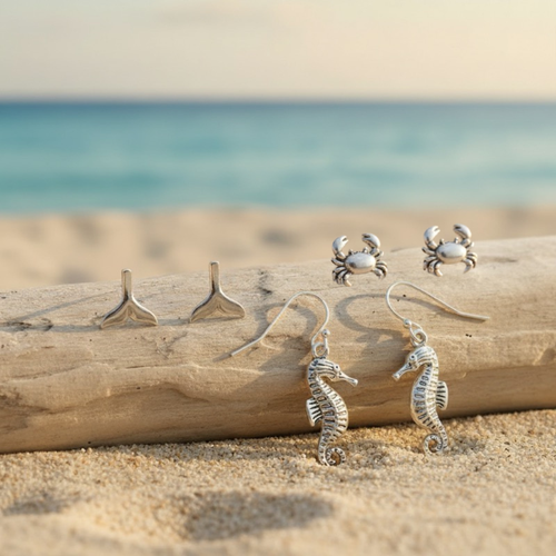 Silver-toned crab stud, mermaid tail stud, and seahorse dangle earrings arranged on driftwood with beach sand and ocean in background — coastal earring set — Crabby Mermaid