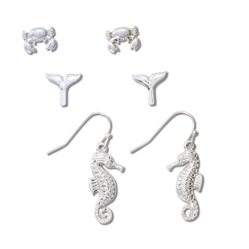 Silver-toned crab stud, mermaid tail stud, and seahorse dangle earrings on white background — coastal earring set — Crabby Mermaid