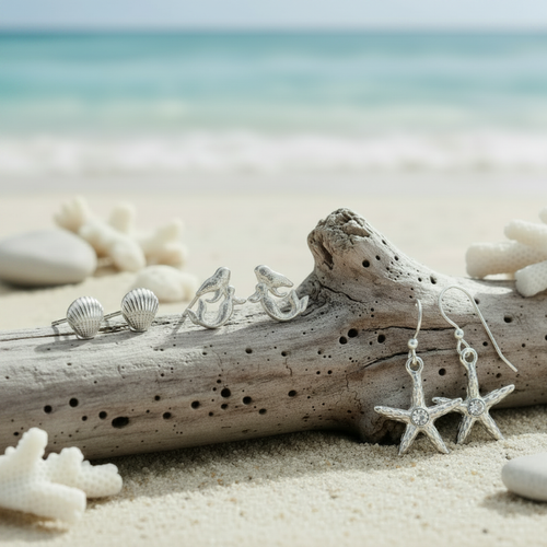 Silver-toned shell stud, mermaid stud, and starfish dangle earrings with crystal detail displayed on driftwood with white coral and beach sand and ocean in background - coastal earring set - Crabby Mermaid
