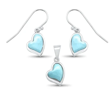 Genuine Larimar heart necklace and earring set close-up in sterling silver on white background ‚Äî Dominican Republic Larimar ‚Äî Crabby Mermaid