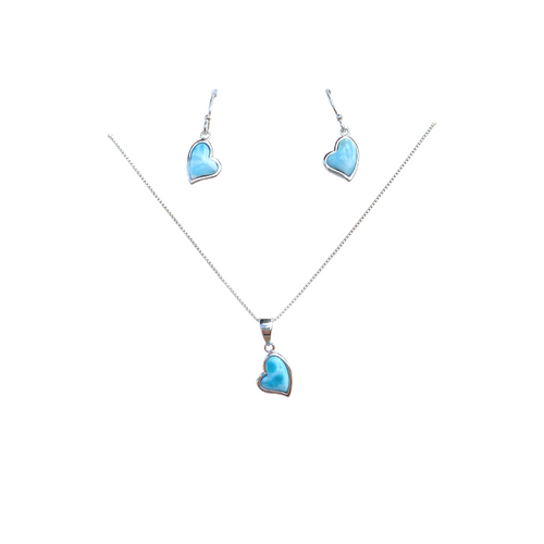 Larimar & Sterling Silver Earring & Necklace Set - 18" Chain

Perfect gift for that special someone in your life. This gorgeous Larimar & Sterling Silver set features heart-shaped hook earrings and a matching pendant on an 18" sterling silver chain.