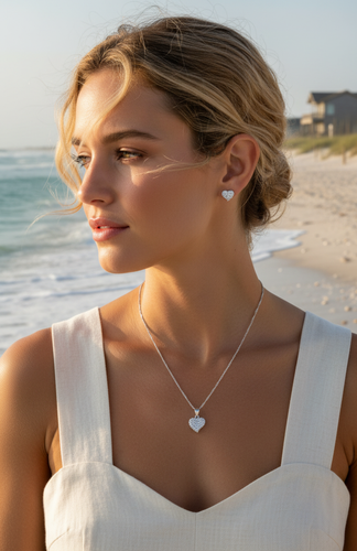 Micro pavé cubic zirconia heart sterling silver necklace and earrings worn by model at beach at golden hour — Crabby Mermaid