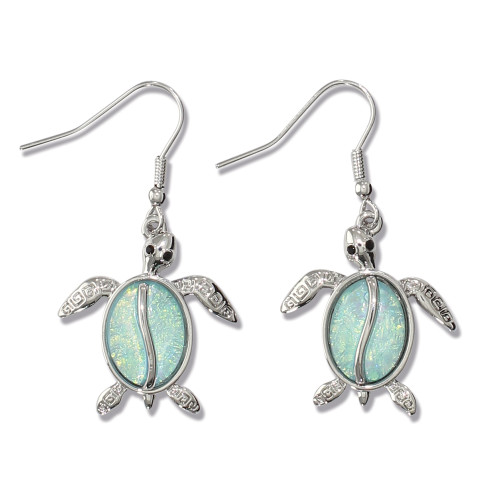 Silver-toned sea turtle dangle earrings with luminous opal aqua shell on white background — coastal jewelry — Crabby Mermaid