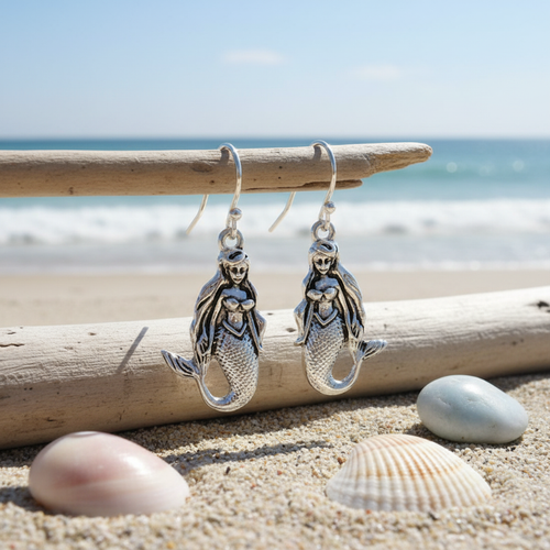Detailed silver-toned mermaid dangle earrings hanging from driftwood with pastel shells and ocean background - coastal jewelry - Crabby Mermaid