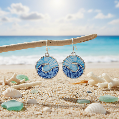 Round blue wave enamel dangle earrings hanging from driftwood with sea glass and white coral on beach sand and ocean in background — coastal jewelry — Crabby Mermaid