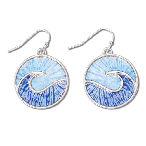 Round silver-toned blue wave enamel dangle earrings with tie-dye ombre design on white background — coastal jewelry — Crabby Mermaid