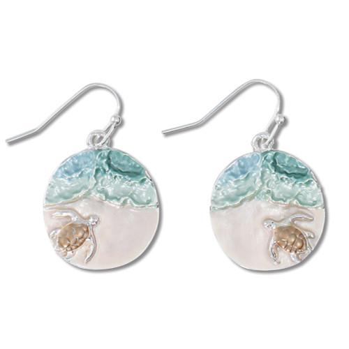 Round silver-toned dangle earrings with aqua enamel ocean scene and gold-toned sea turtle on white background — coastal jewelry — Crabby Mermaid
