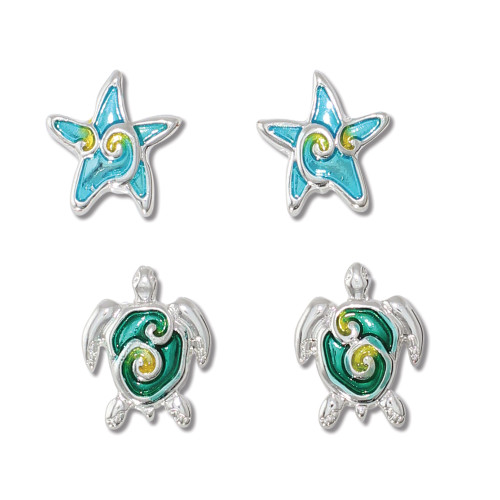 Aqua blue enamel starfish stud earrings and deep teal enamel sea turtle stud earrings with wave swirl design on white background — coastal earring set — Crabby Mermaid