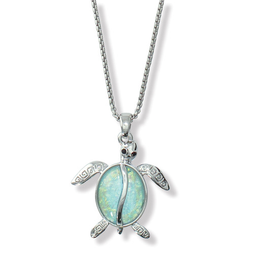 Silver-toned sea turtle pendant necklace with luminous aqua enamel shell on white background - coastal jewelry - Crabby Mermaid