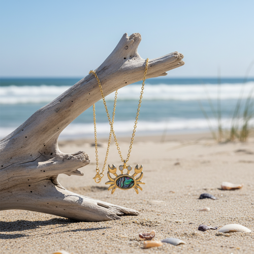 Abalone crab pendant necklace hanging from driftwood with shells on beach sand and ocean in background — coastal jewelry — Crabby Mermaid