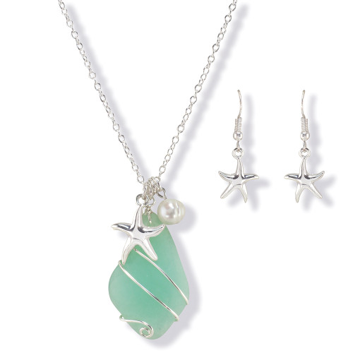 Sea glass style starfish necklace and earring set with pearl accent and silver-tone starfish charm on white background — coastal jewelry set — Crabby Mermaid
