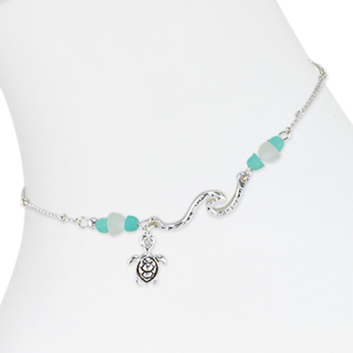 Hammered silver-tone wave and sea turtle charm anklet with turquoise and white sea glass style bead accents on white background — coastal beach anklet — Crabby Mermaid
Anklet comes with lobster claw clasp & 2" extender