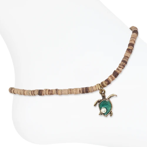 Natural coconut bead anklet with reversible turquoise enamel sea turtle charm on white background ‚Äî coastal beach anklet ‚Äî Crabby Mermaid