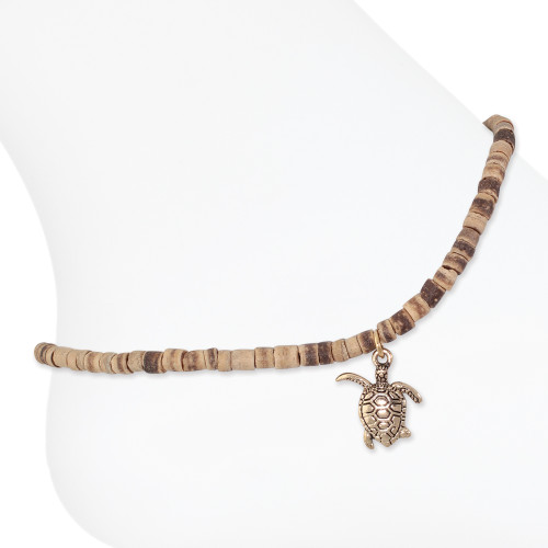 Natural coconut bead anklet with reversible gold-tone sea turtle charm on white background — coastal beach anklet — Crabby Mermaid
