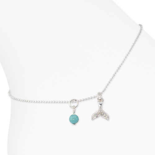 Silver ball chain anklet with turquoise bead and crystal mermaid tail charm on white background — coastal beach anklet — Crabby Mermaid