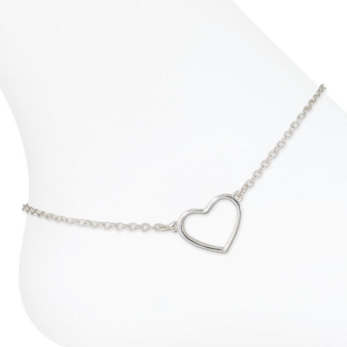 Delicate silver-tone cable chain anklet with open heart charm centerpiece on white background — classic heart anklet — Crabby Mermaid