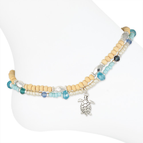 Double layer sea turtle beaded anklet with wooden beads and blue teal crystal beads on white background - coastal beach anklet - Crabby Mermaid